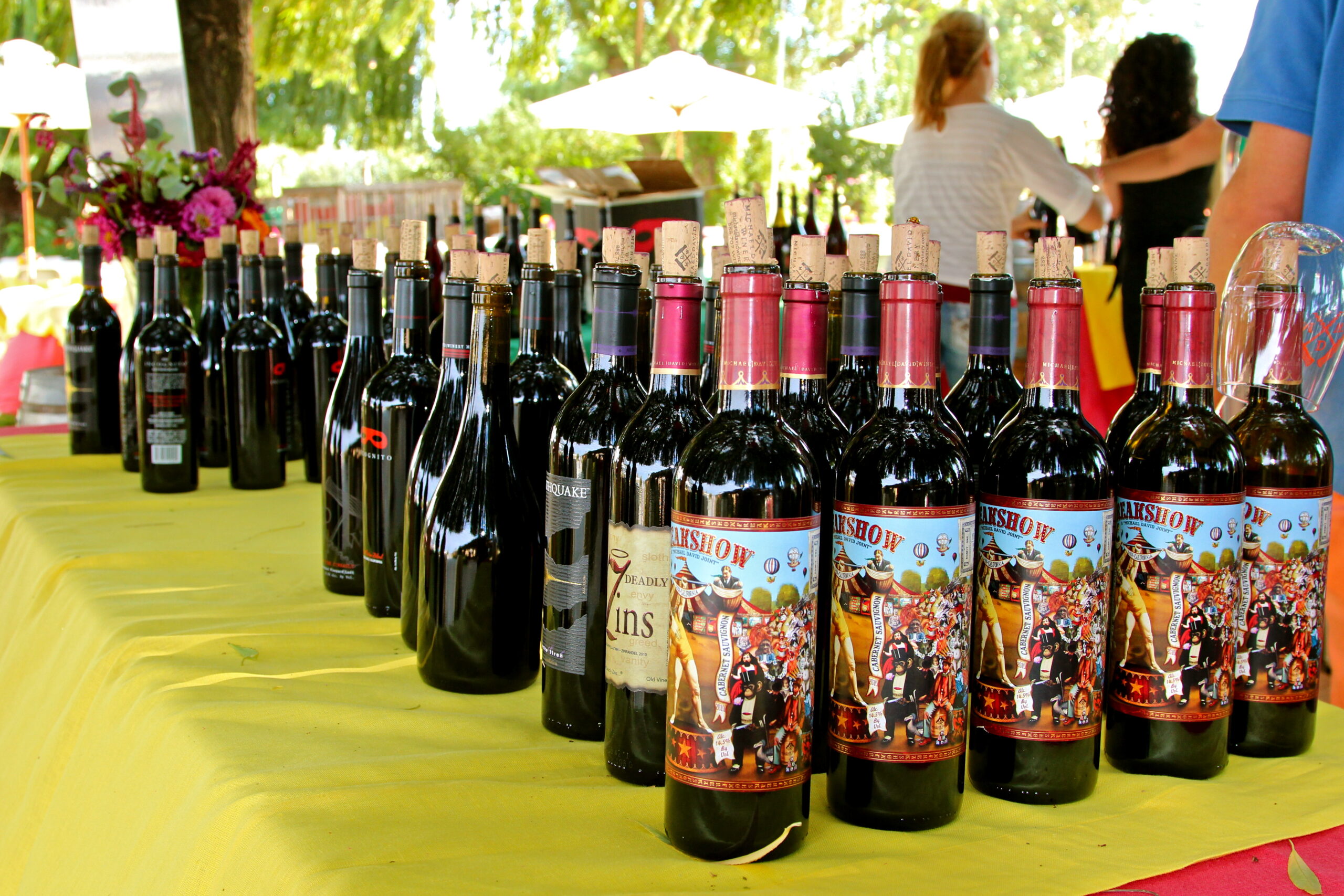 Display of wine bottles from Lodi Winegrape Commission at a wine tasting event.