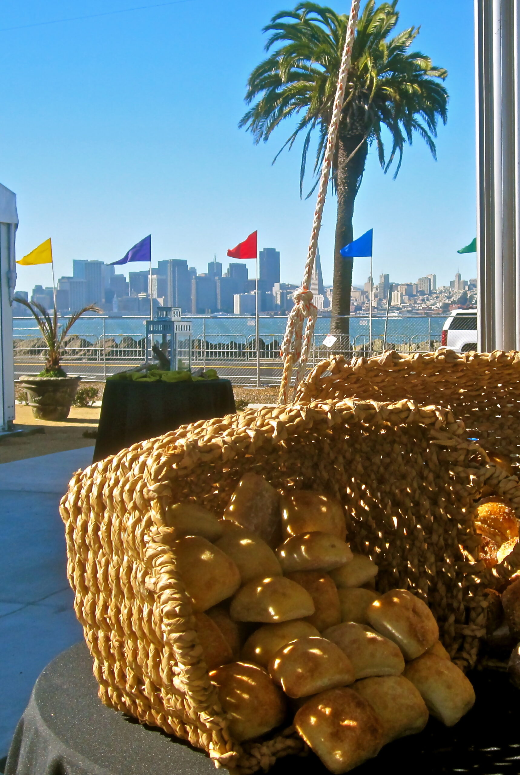 Freshly harvested grapes in a basket with a city skyline and palm trees in the background.