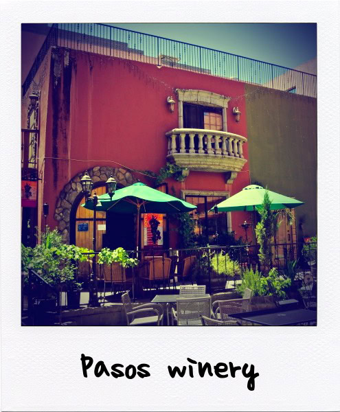 Exterior view of Paso's Winery with outdoor seating, umbrellas, and lush greenery in a vibrant setting.