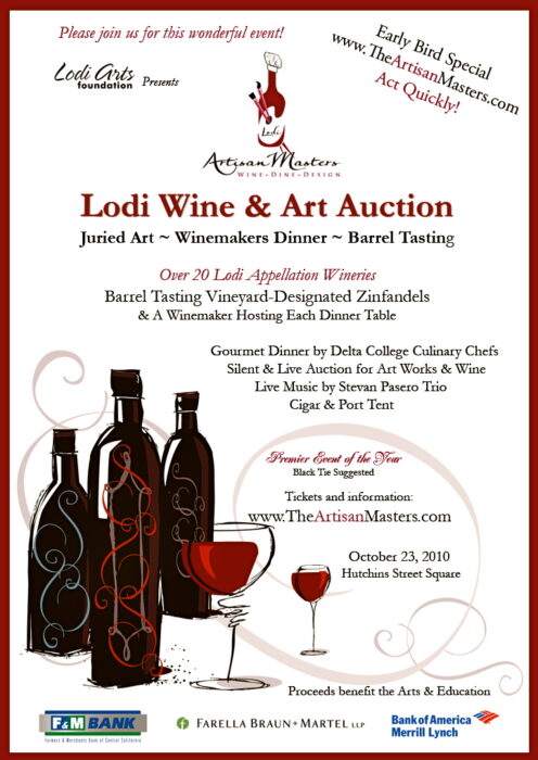 Event poster for Lodi Wine & Art Auction featuring wine bottles and glasses, promoting wine tasting and art auction in Lodi.