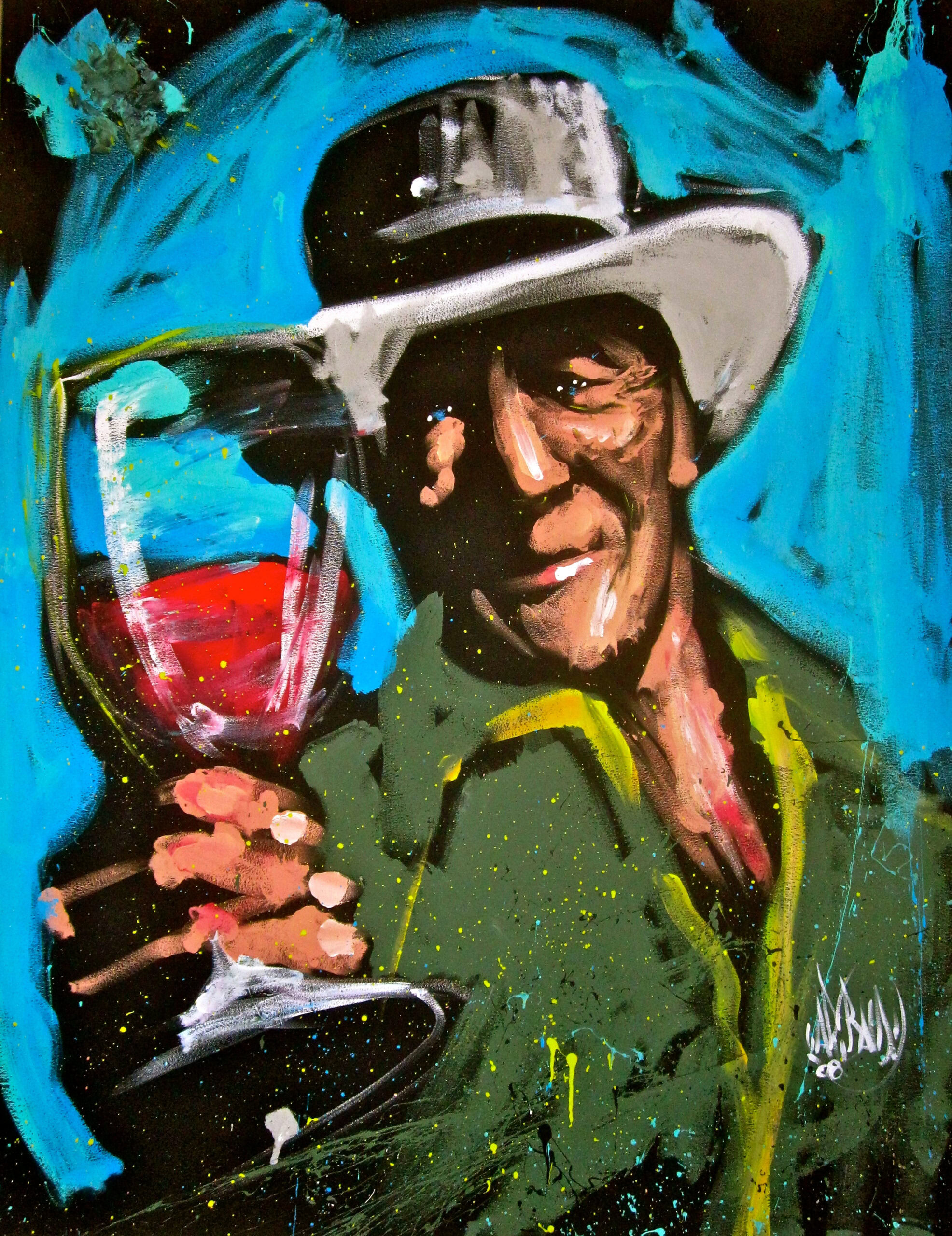 Colorful graffiti-style mural of a man with a hat holding a glass of red wine.