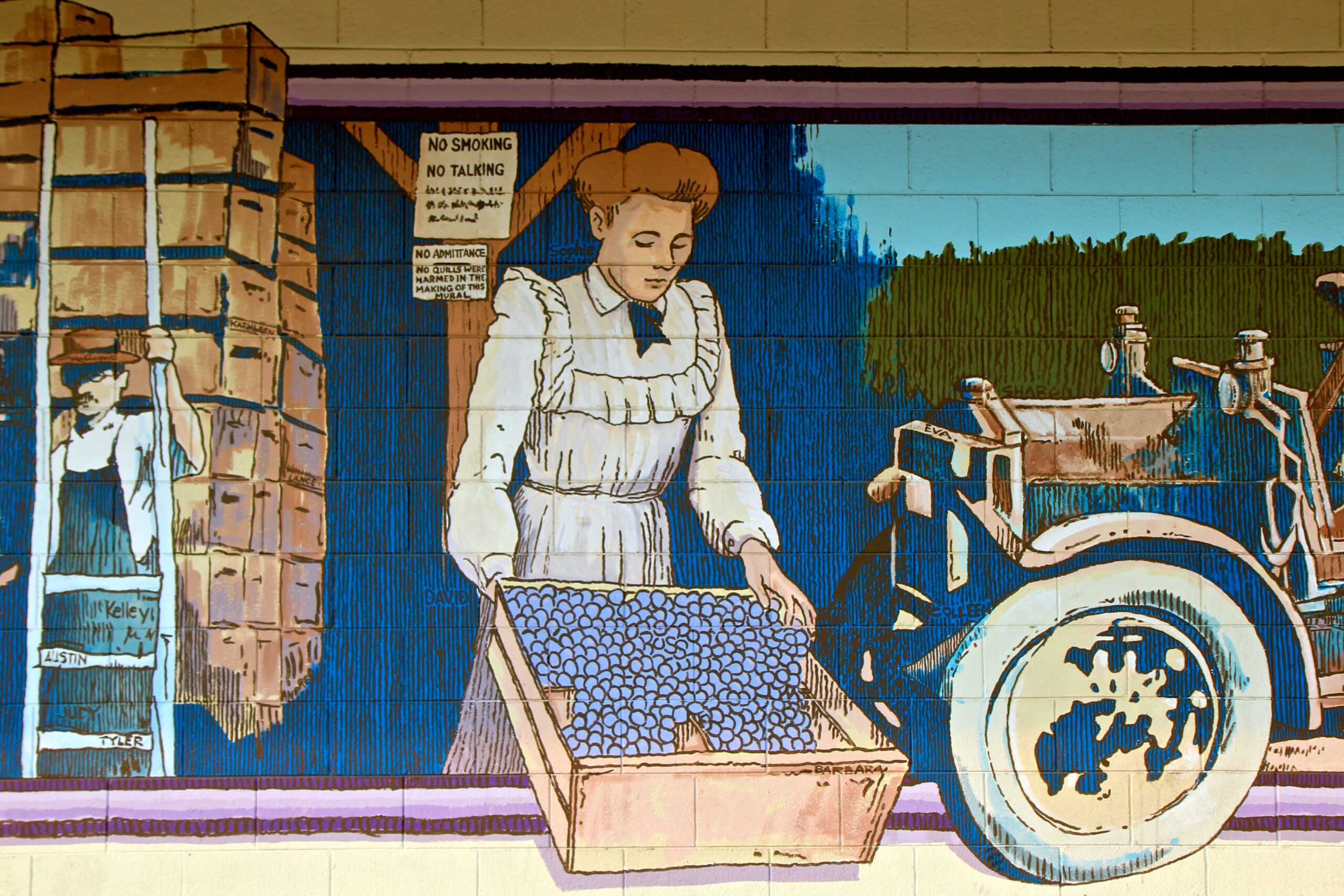 Colorful mural of a woman harvesting grapes with a tractor in the background, promoting Lodi wine and viticulture.
