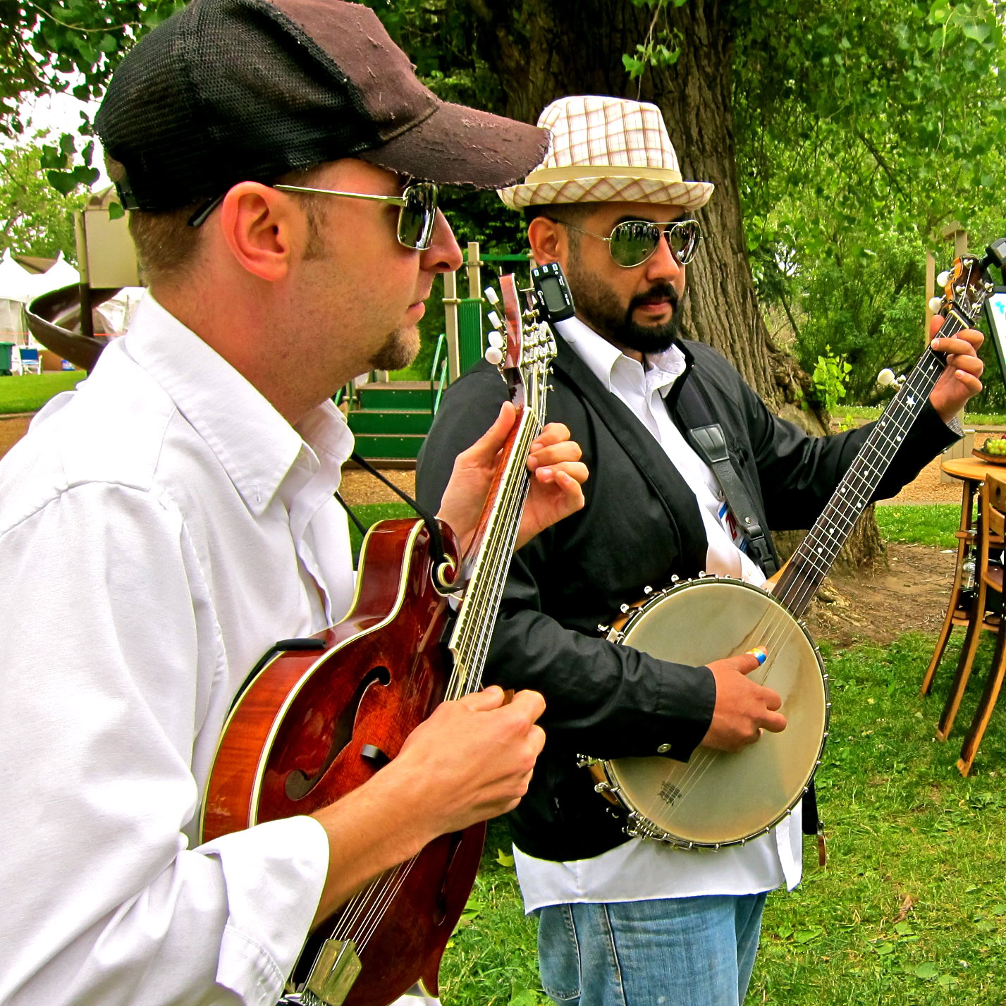 Two musicians playing string instruments outdoors at a vineyard event.