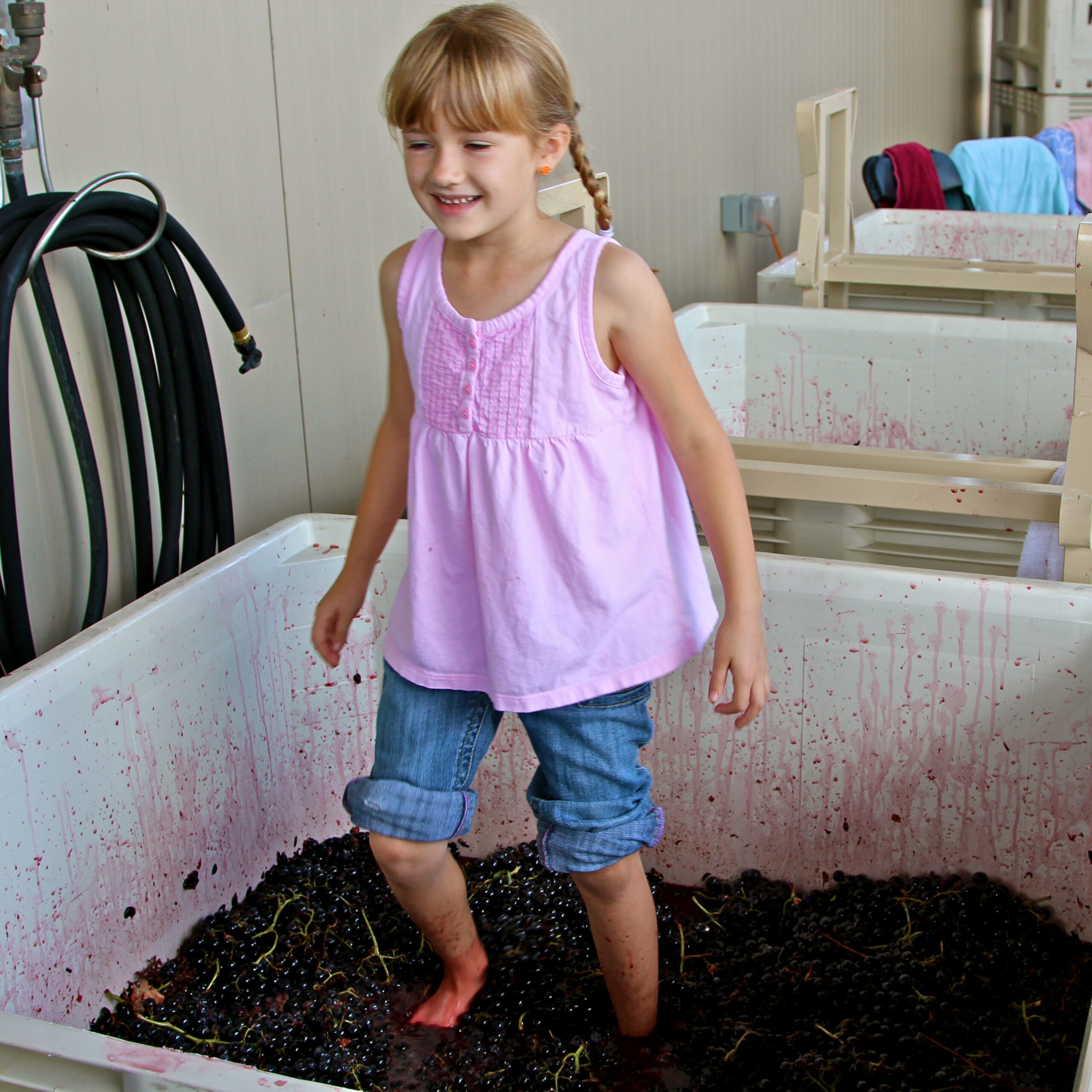 Young girl walking barefoot in a vineyard container filled with soil, smiling and enjoying the outdoor experience.