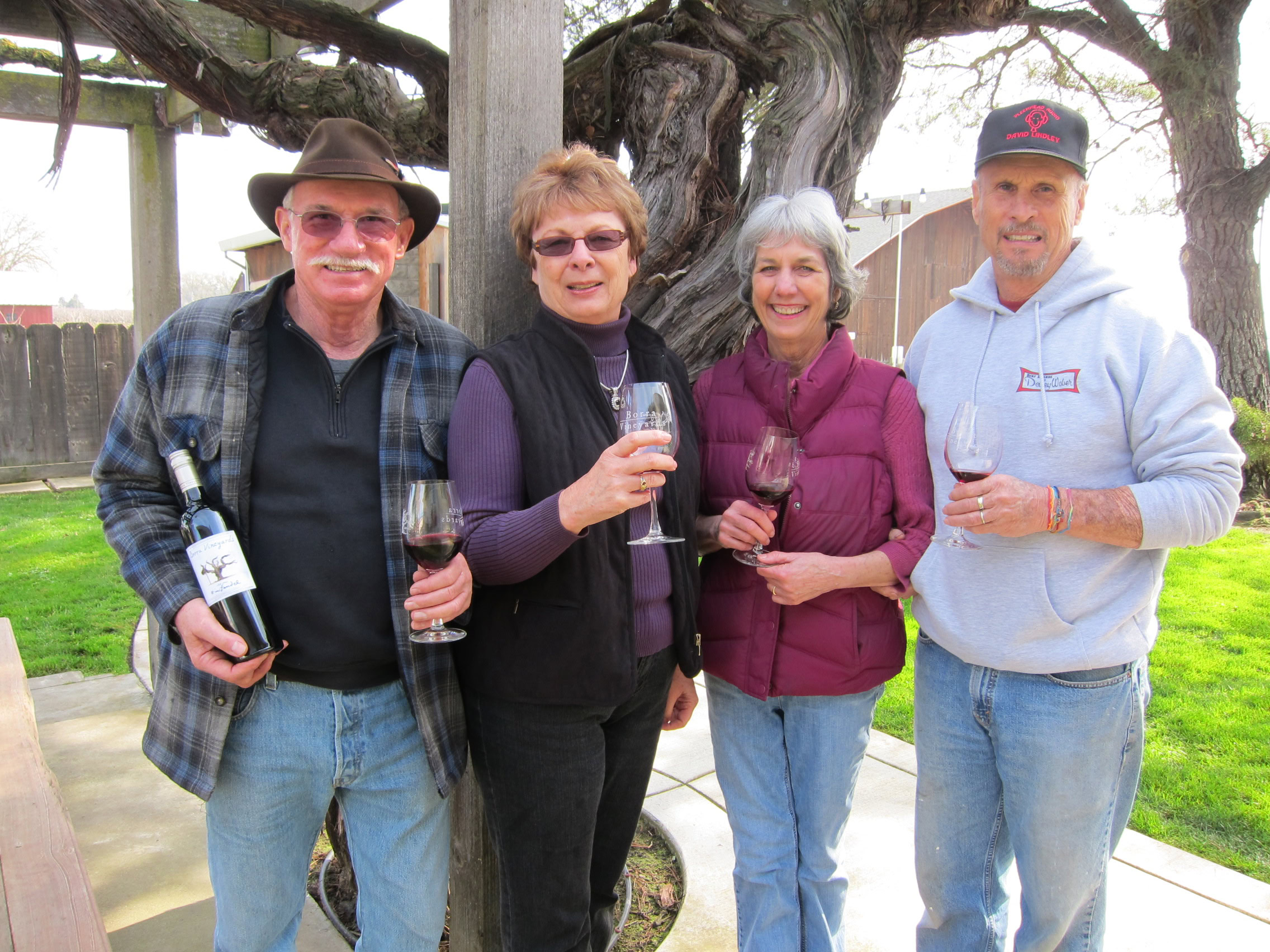 Group of four people enjoying wine tasting outdoors with a large tree in the background.