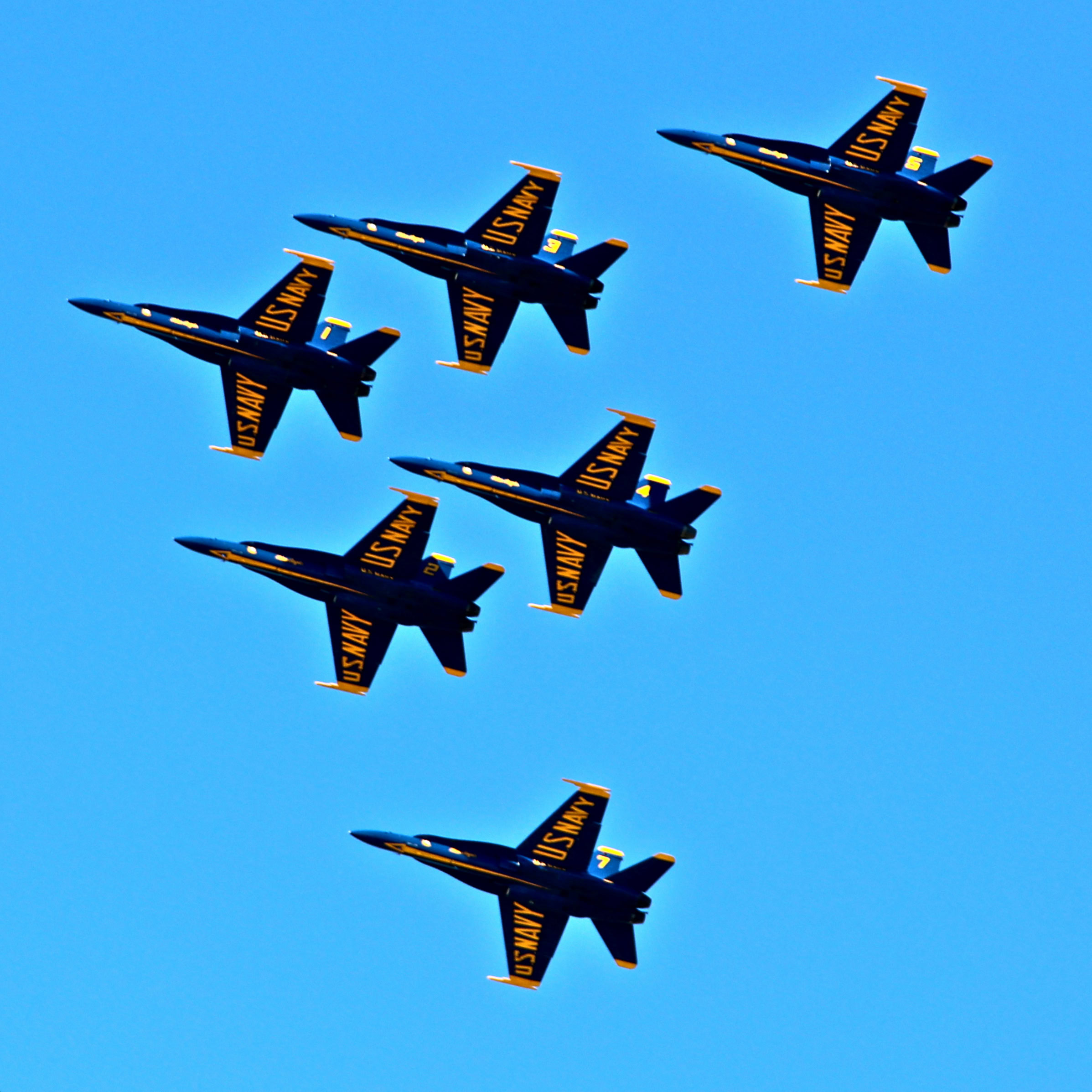 Six U.S. Navy Blue Angels jets flying in tight formation against a clear blue sky.