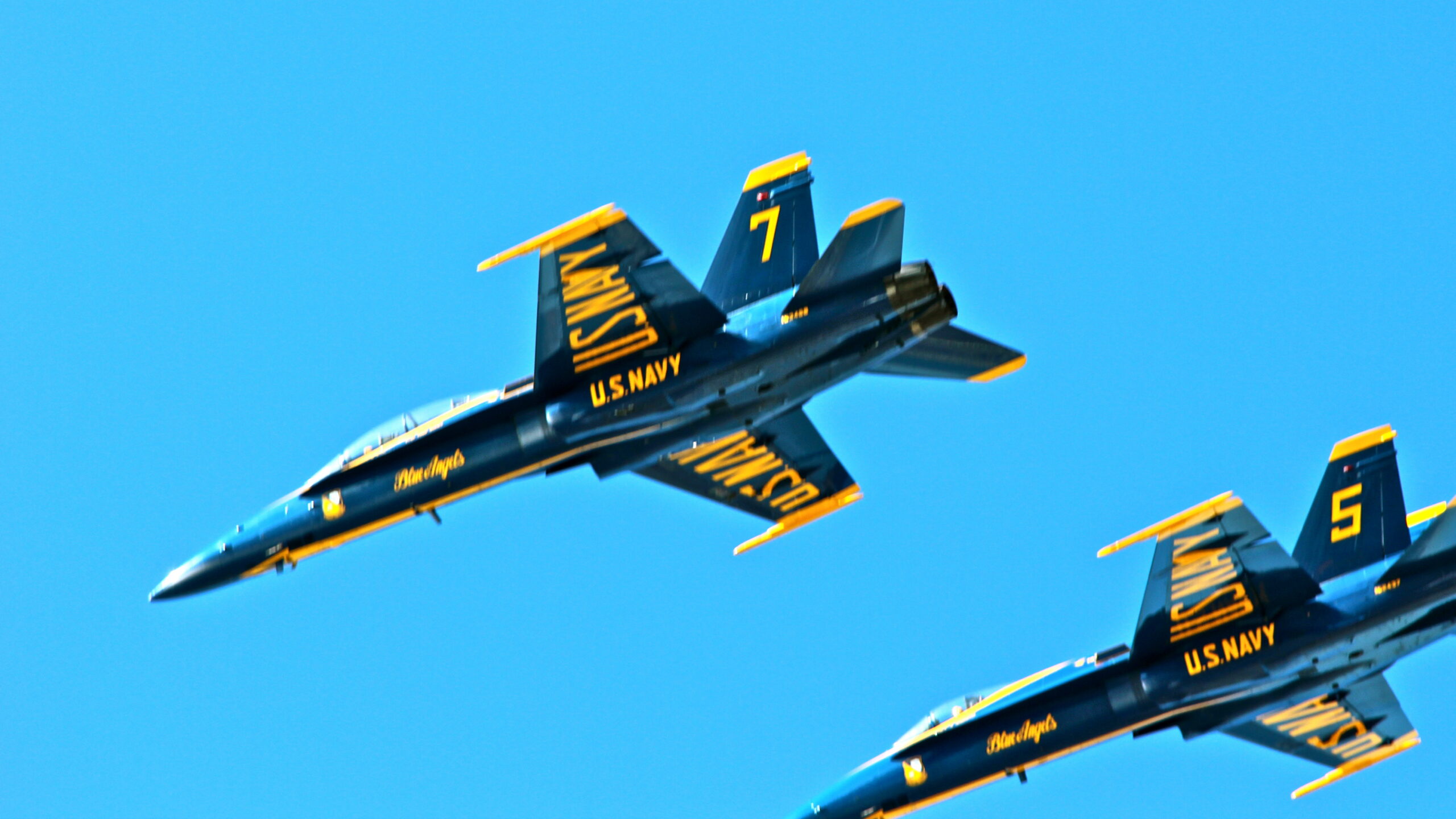 Two US Navy fighter jets flying in clear blue sky, showcasing military aviation.