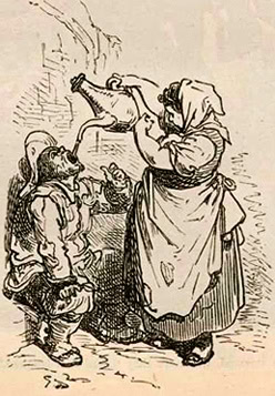 Vintage illustration of a woman pouring wine for two men, representing traditional wine tasting scenes.