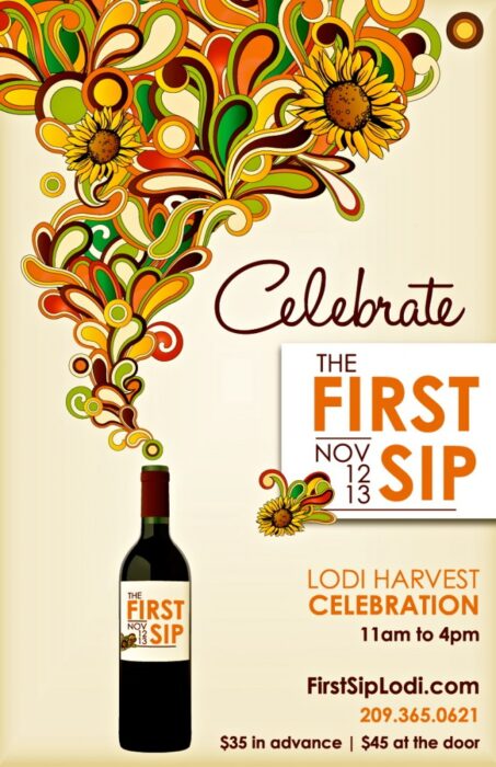 Lodi Harvest Celebration poster featuring a wine bottle and colorful floral design.