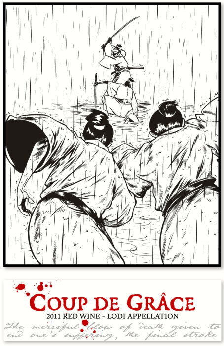 Illustration of a samurai in rain with three people watching, representing Lodi Winegrape Commission.