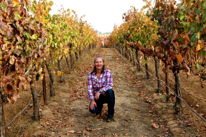 Woman kneeling in a vineyard with autumn-colored grapevines on either side.