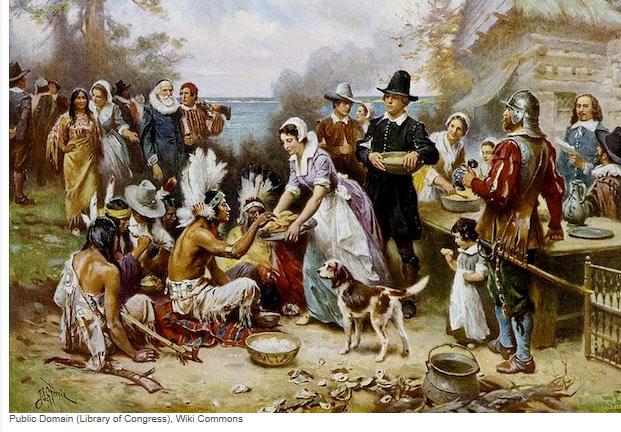 Historical scene of Native Americans and settlers engaging in trade and community activities.