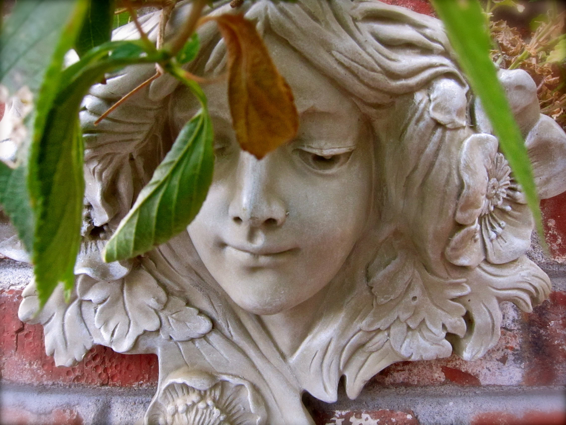 Close-up of a decorative stone angel face sculpture surrounded by green leaves.