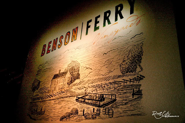 Benson Ferry sign with a scenic illustration of a ferry crossing and landscape in Lodi, California.
