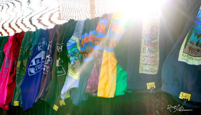 Colorful T-shirts with wine-related designs hanging on a line at Lodi Winegrape Commission event.