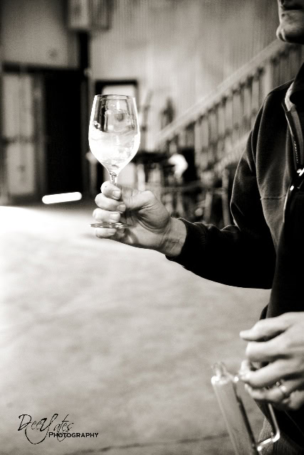 Person holding a glass of white wine in a winery setting, focus on the glass and hand, black and white photo.