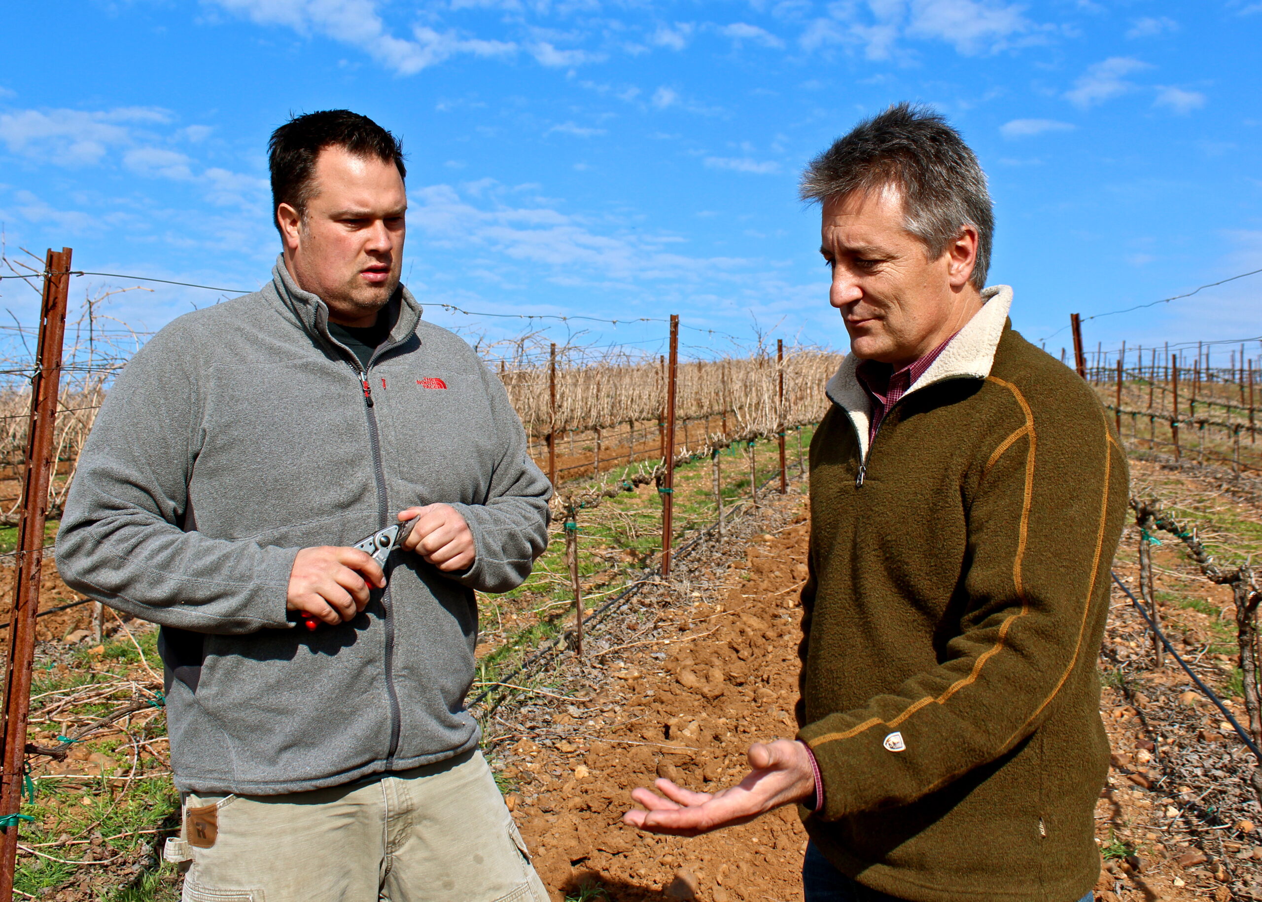 Two men inspecting a vineyard in Lodi, California, during daytime with clear blue sky.