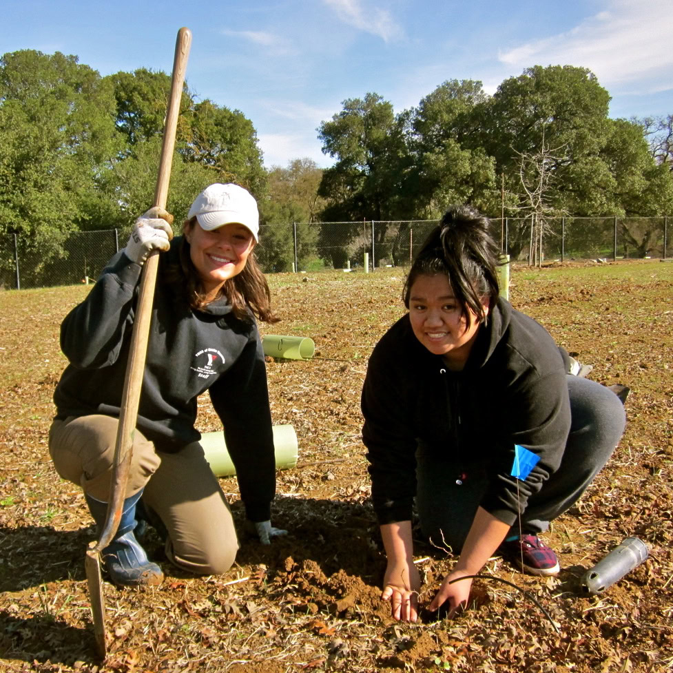 Two women planting grapevines in a vineyard for Lodi Winegrape Commission.