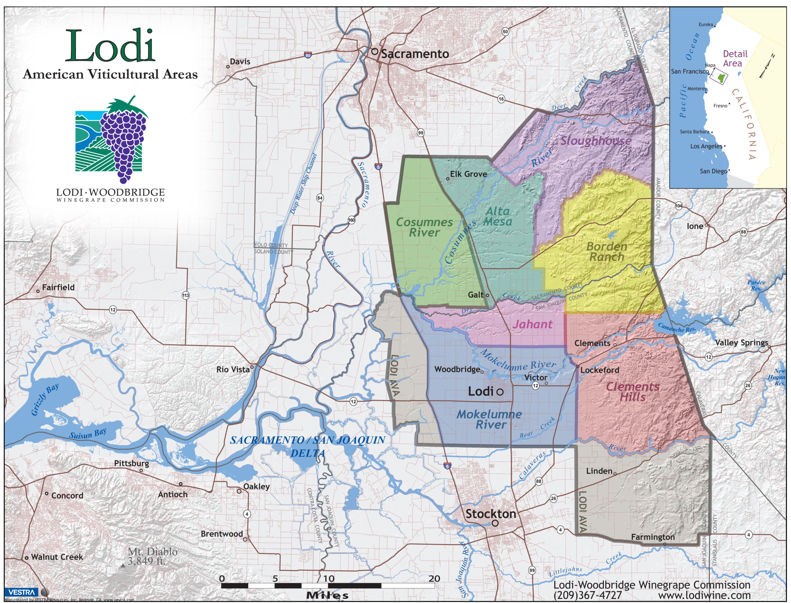 Map of Lodi wine region highlighting key AVAs and rivers in California's Central Valley.