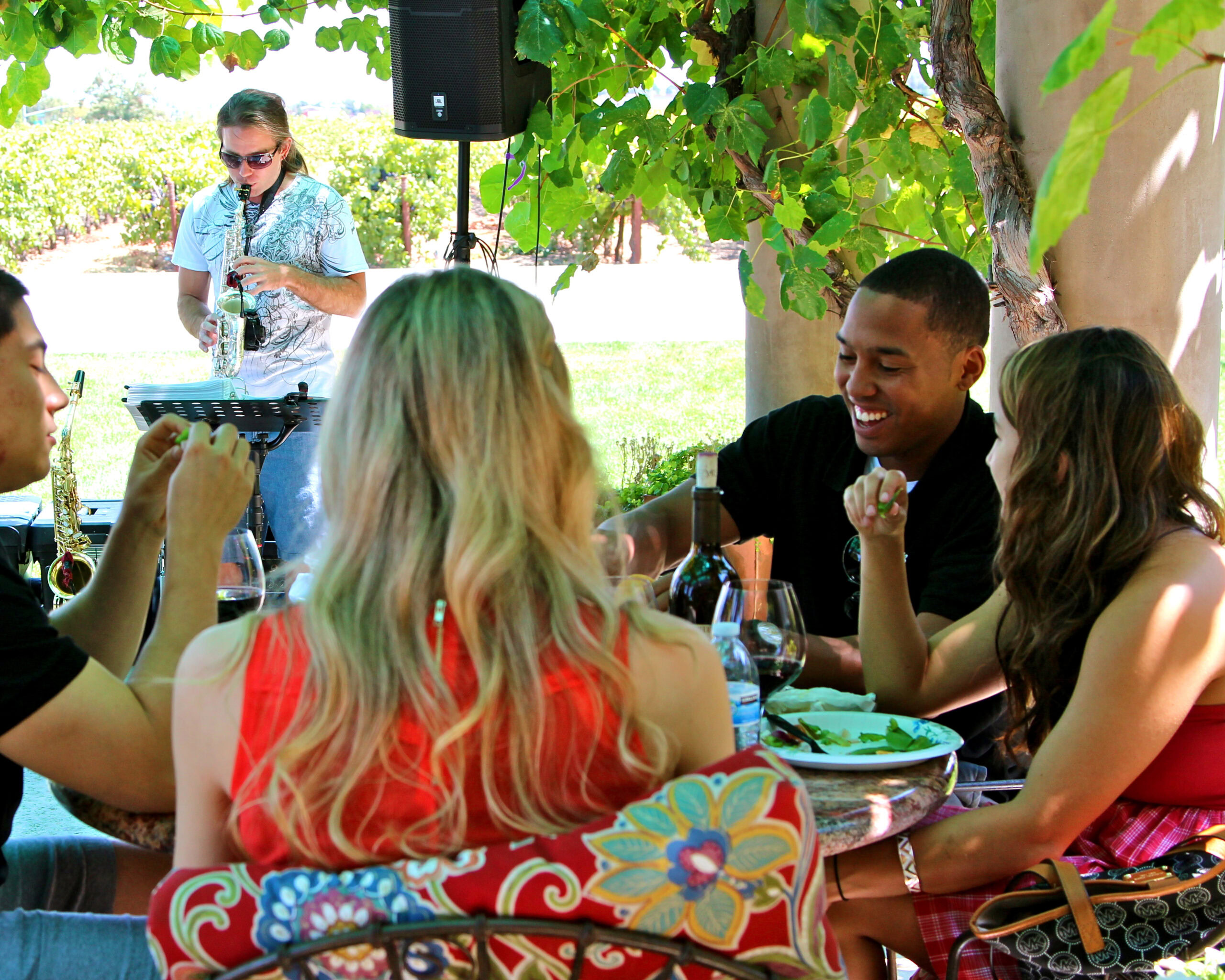 Group of people enjoying wine and food outdoors at a Lodi Winegrape Commission event.