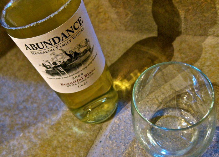 Lodi wine bottle and glass on a textured surface, showcasing local wine from Abundance Winery in Lodi.