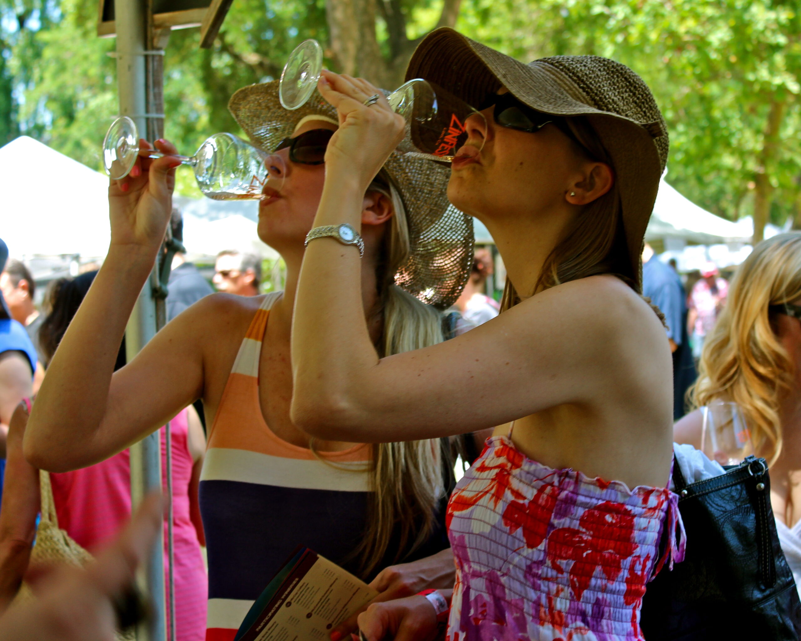 Two women enjoying wine tasting at a Lodi Winegrape Commission event outdoors.