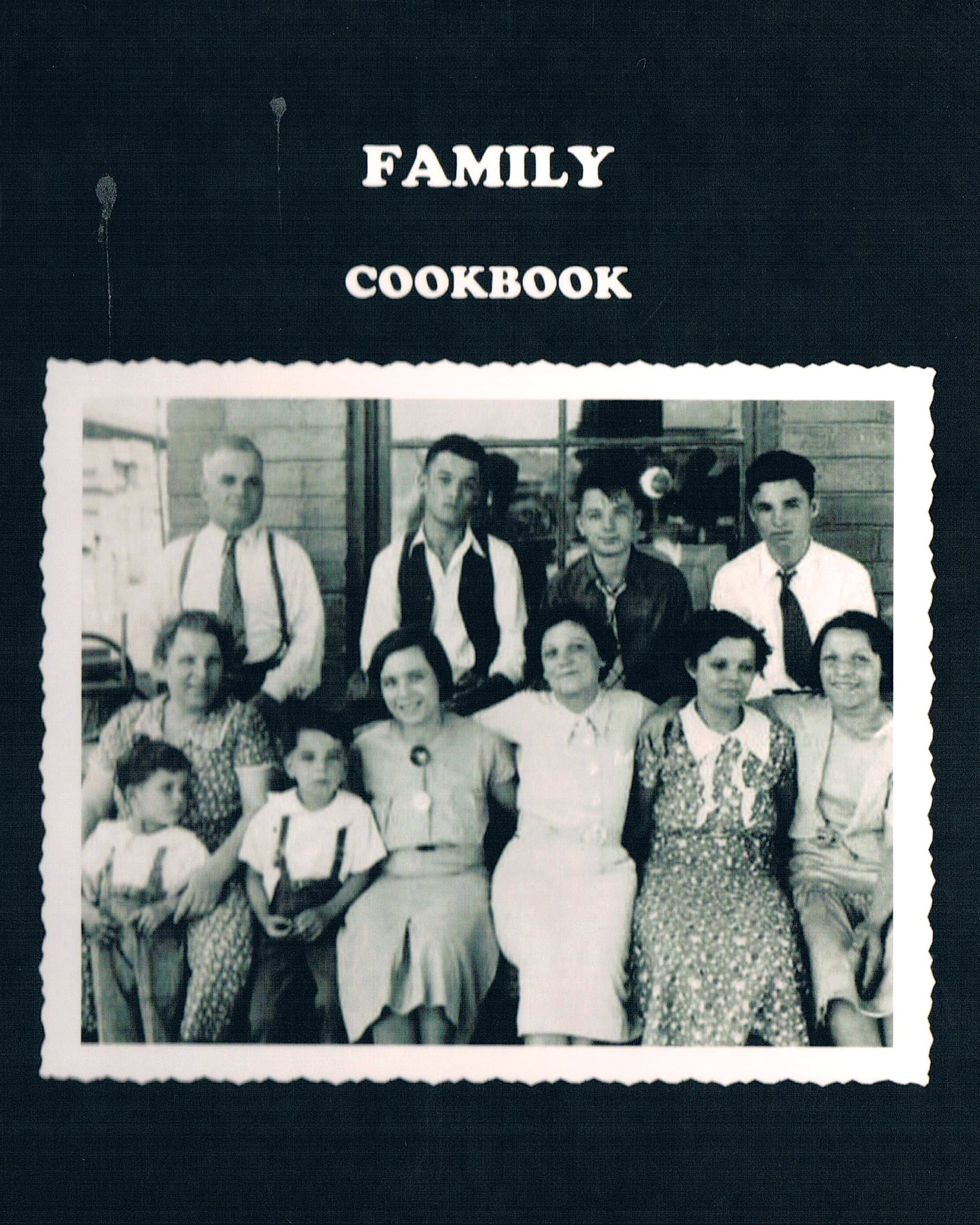 Vintage family photo with women and children, titled Family Cookbook, in black and white.