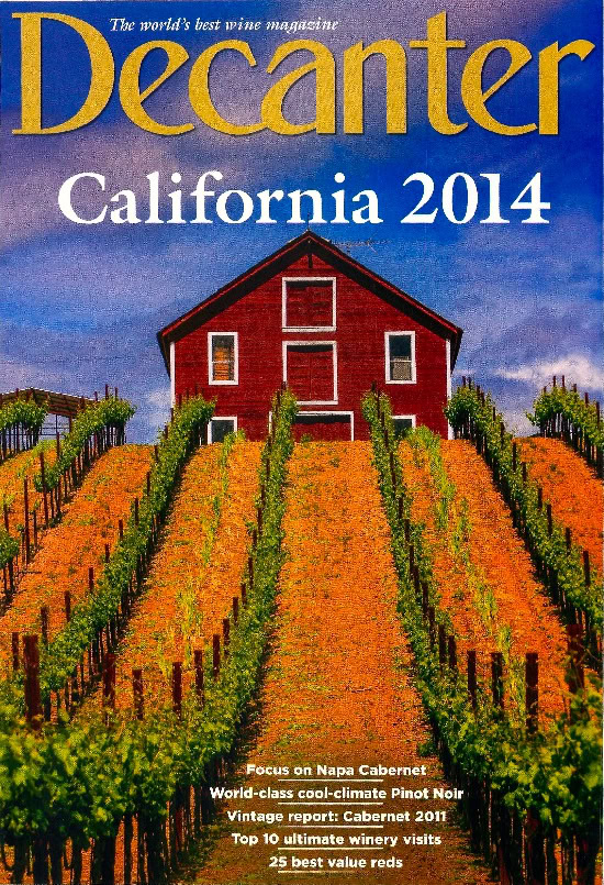 Cover of Decanter magazine featuring a vineyard and a red barn in California, 2014.