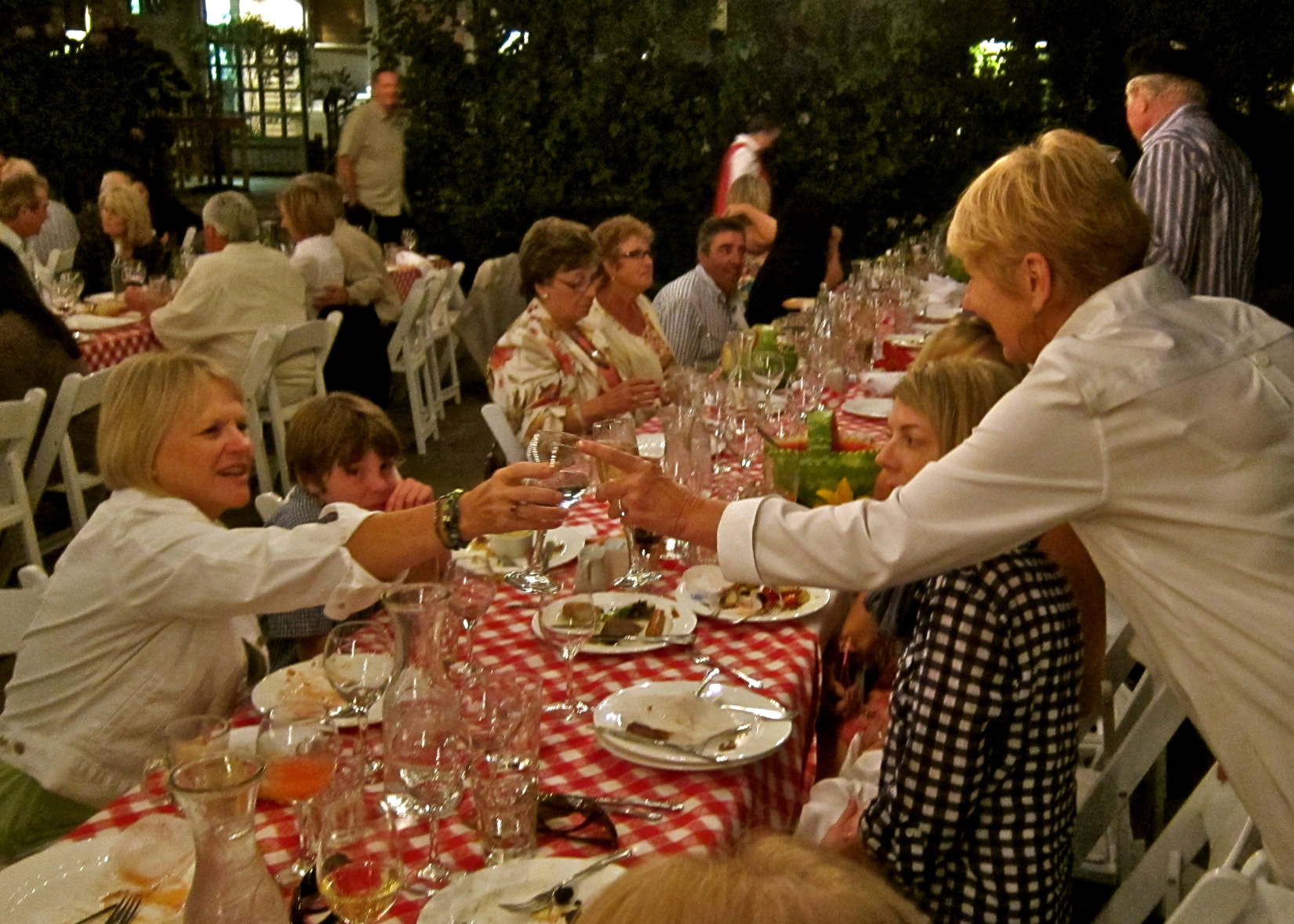 People enjoying a wine tasting event at a Lodi Winegrape Commission gathering with a long table and red checkered tablecloth.