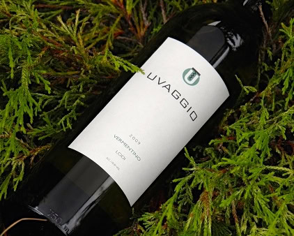 Lodi wine bottle lying on green foliage, showcasing the Uvaggio label and vineyard origin.