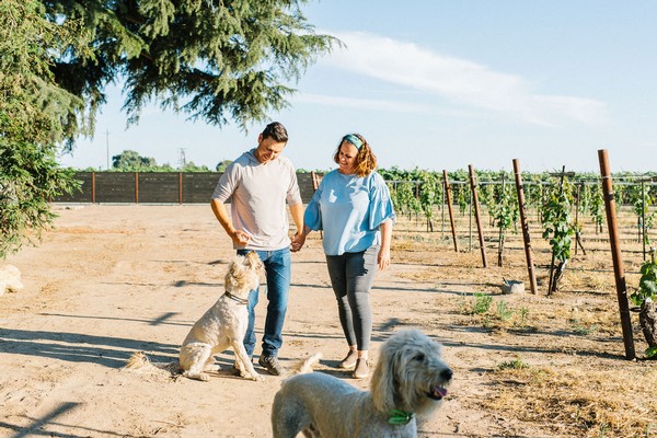 Couple walking with dogs in a vineyard, representing Lodi Winegrape Commission activities.