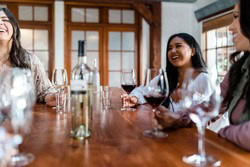 Group of women tasting wine at a bar, smiling and engaging in conversation, in a cozy, well-lit setting.