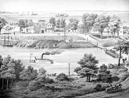 Vintage black and white image of Lodi wine region with river, trees, and early buildings.