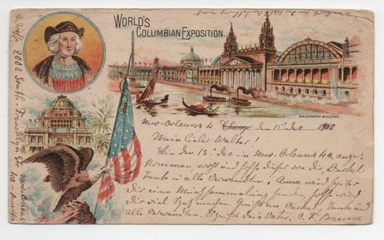 Vintage postcard from the 1893 World's Columbian Exposition in Chicago, featuring illustrations of the fair and a portrait of.