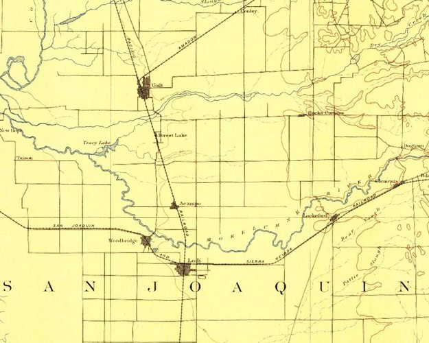 Historical map of Lodi wine region showing vineyards and geographic features.