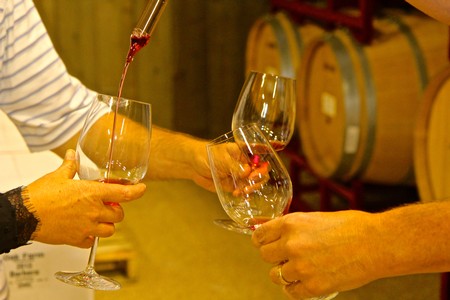 People tasting wine from glasses at a Lodi wine event, with wine barrels in the background.