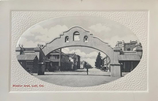 Historical Mission Arch in Lodi, California, representing local wine heritage and viticulture.