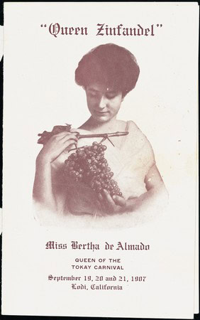 Vintage poster of Miss Bertha de Almado, Queen of the Tokay Carnival, holding a bunch of grapes, dated September 19-21, 1907,.
