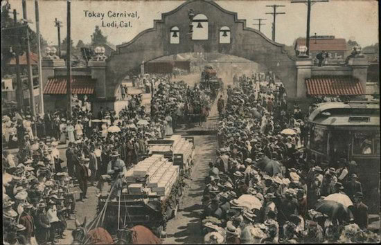 Vintage photo of Tokay Carnival in Lodi, California with crowds, vendors, and carnival entrance.