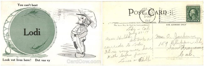 Vintage postcard from Lodi Winegrape Commission featuring a grape and a hand holding a bunch of grapes.