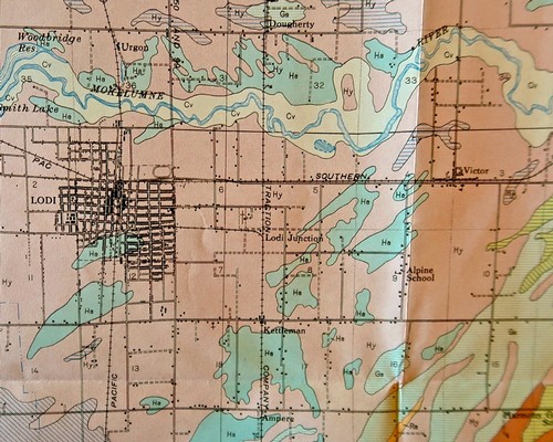 Historical map of Lodi wine region showing vineyards, lakes, and roads in California.