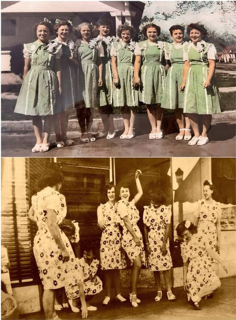 Group of women in vintage dresses, smiling and posing outdoors, historical photo from mid-20th century.