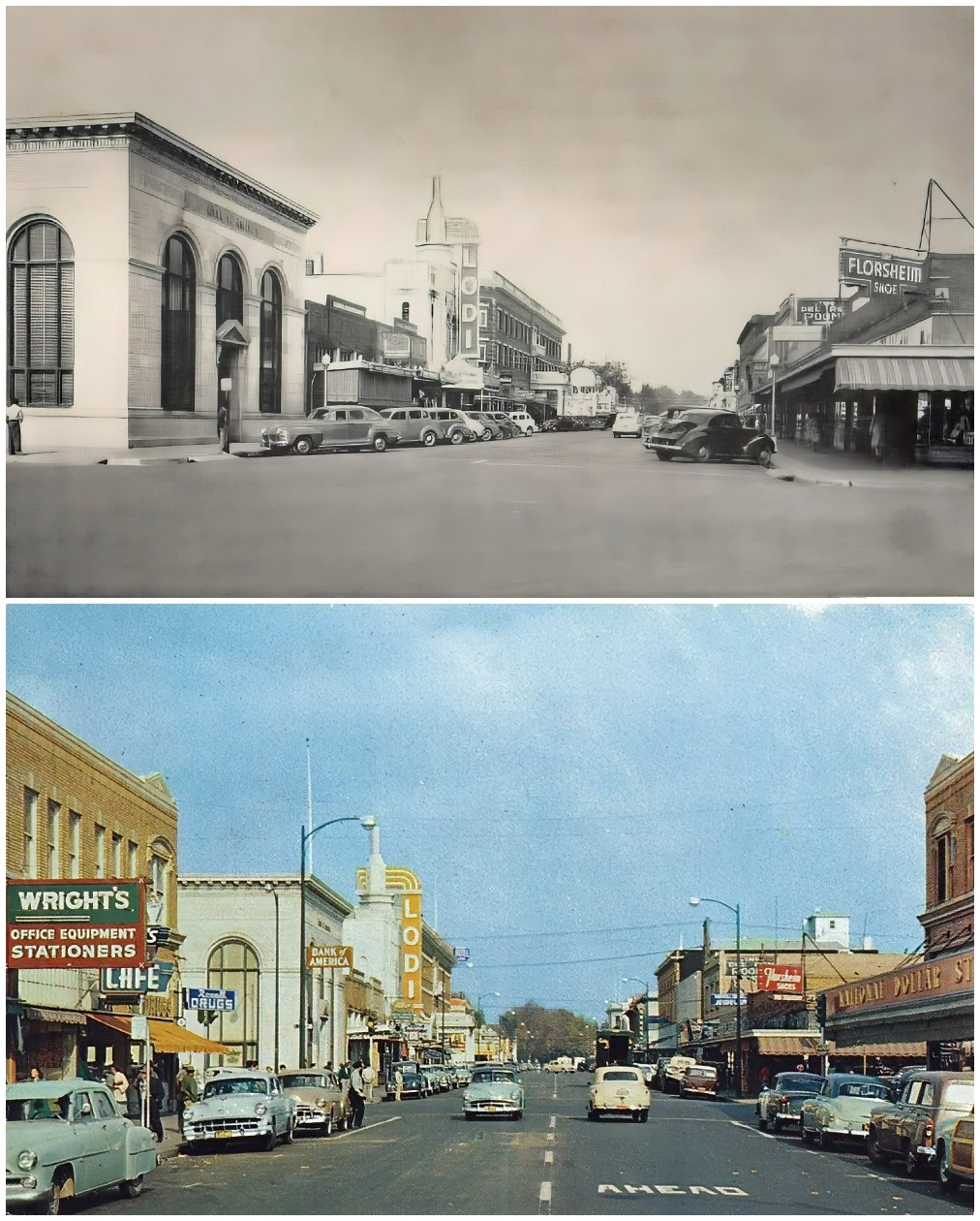 Vintage and modern views of downtown Lodi California with shops, cars, and streetscape.