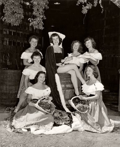 Group of women in traditional dresses, smiling, with one woman in a costume with a tail, in a rustic setting.