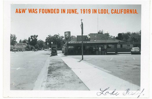 Historical black and white photo of A&W in Lodi, California, founded in June 1919.