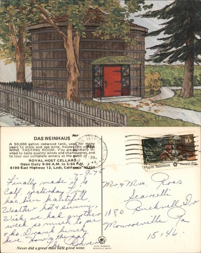 Illustration of historic redwood tank building with trees and fence, representing Lodi Winegrape Commission.