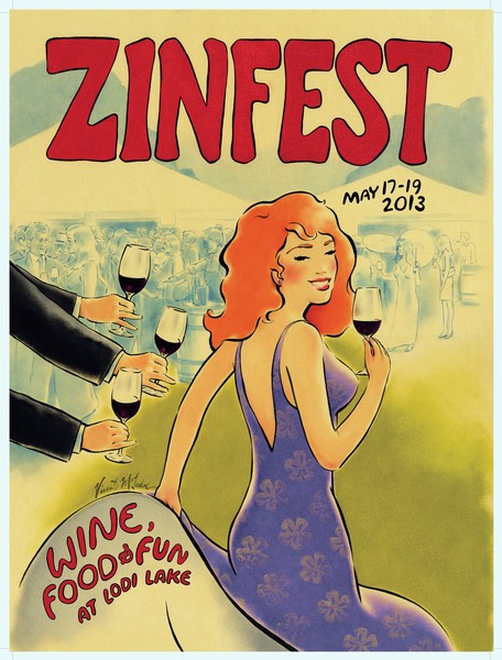 Zinfest 2013 wine festival poster featuring a woman with red hair holding a glass of wine.