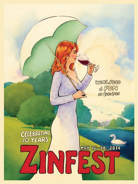 Illustration of a woman with red hair holding a glass of wine and an umbrella, celebrating Zinfest 2014 in Lodi, California.