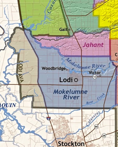 Map of Lodi wine region showing key cities and rivers in California's wine country.