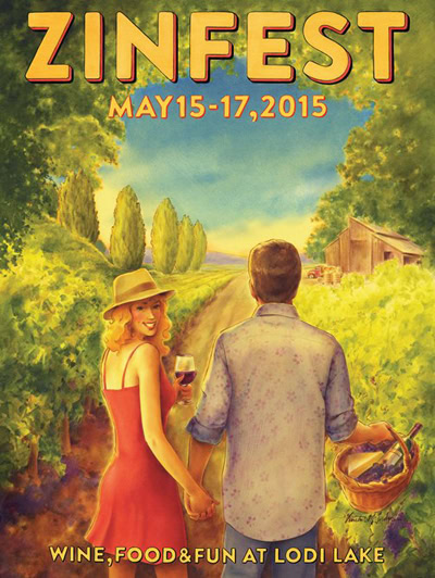 Zinfest wine festival at Lodi Lake with people enjoying wine and food in a vineyard setting.